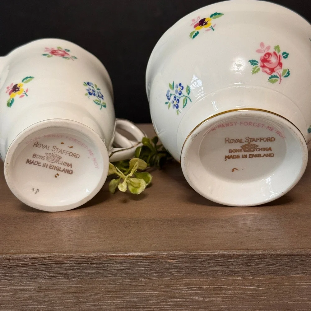Vintage Royal Stafford Rose Pansy Forget Me Not Bone China Creamer & Sugar set